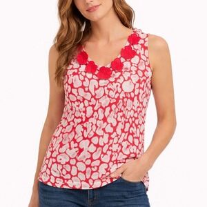 Michael Simon Vintage Tank Top 2X Red White Floral Applique 3D Rosette Knit Plus